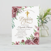 Elegant Gold Cross Burgundy Rozen Baptisme Kaart (Staand voorkant)