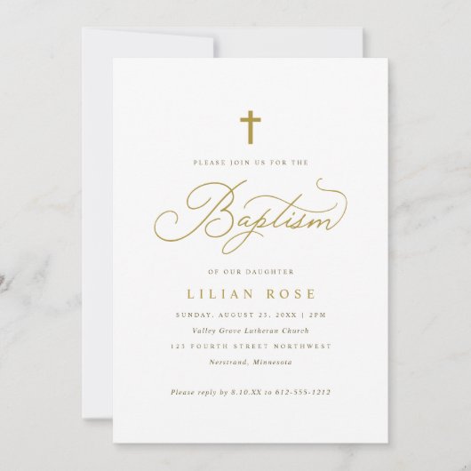Elegant Gold Cross Calligraphy Photo Baptism Kaart (Voorkant)