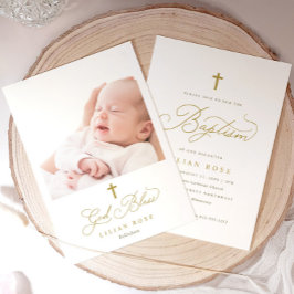 Elegant Gold Cross Calligraphy Photo Baptism Kaart