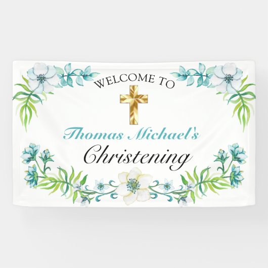 Elegant Gold Cross Christening Reception Welkom Spandoek (Horizontaal)