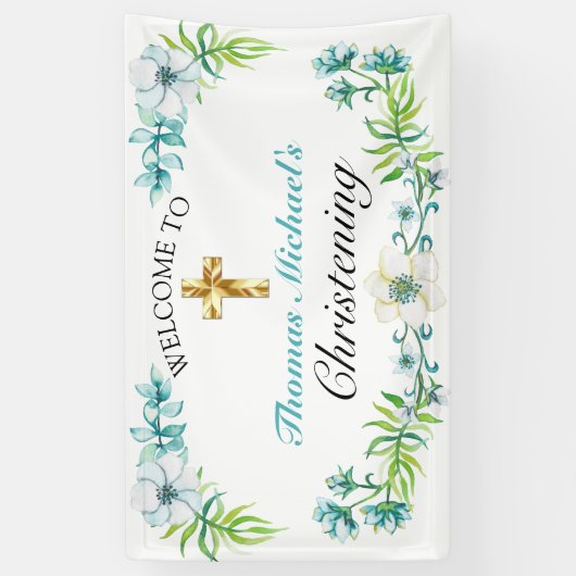 Elegant Gold Cross Christening Reception Welkom Spandoek (Verticaal)