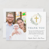 Elegant Gold Cross Eucalyptus Foto Baptisme Bedankkaart (Voorkant)