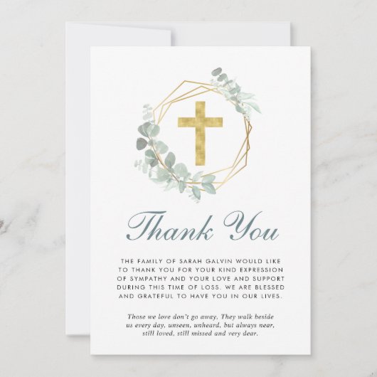 Elegant Gold Cross Eucalyptus Funeral Bedankkaart (Voorkant)