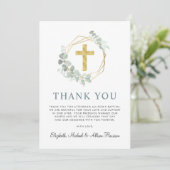 Elegant Gold Cross Eucalyptus Waterverf Baptisme Bedankkaart (Staand voorkant)