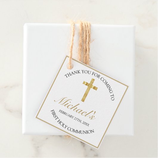 Elegant Gold Cross First Heilige Communist White Bedankjes Labels (In situ)