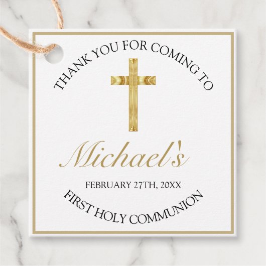 Elegant Gold Cross First Heilige Communist White Bedankjes Labels (Voorkant)