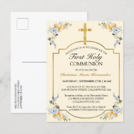 Elegant Gold Cross Floral 1st Heilige Communauteit Uitnodiging Briefkaart