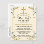 Elegant Gold Cross Floral 1st Heilige Communauteit Uitnodiging Briefkaart (Voorkant / Achterkant)