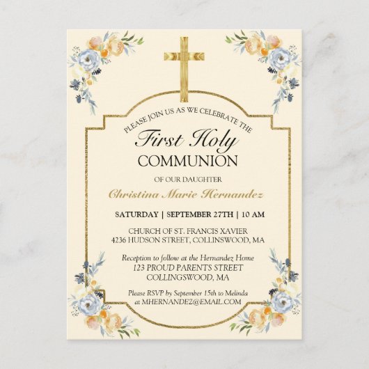 Elegant Gold Cross Floral 1st Heilige Communauteit Uitnodiging Briefkaart (Voorkant)