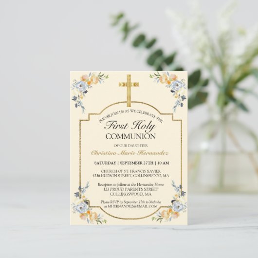 Elegant Gold Cross Floral 1st Heilige Communauteit Uitnodiging Briefkaart (Staand voorkant)