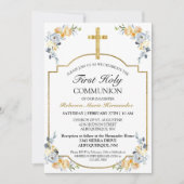 Elegant Gold Cross Floral First Heilige Communie Kaart (Voorkant)