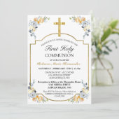 Elegant Gold Cross Floral First Heilige Communie Kaart (Staand voorkant)