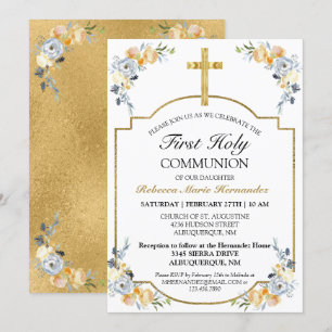 Elegant Gold Cross Floral First Heilige Communie Kaart