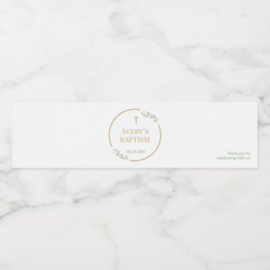 Elegant Gold Cross Greenery wreath Baptism custom Waterfles Etiket (Enkel label)
