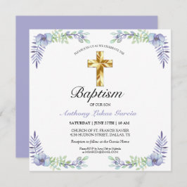 Elegant Gold Cross Lavender Boy Baptisme Invitatio Kaart