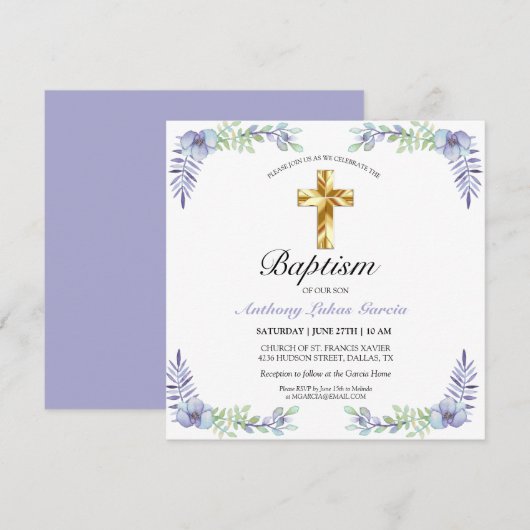 Elegant Gold Cross Lavender Boy Baptisme Invitatio Kaart (Voorkant / Achterkant)