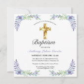 Elegant Gold Cross Lavender Boy Baptisme Invitatio Kaart (Voorkant)