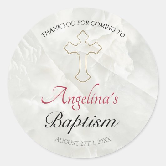 Elegant Gold Cross Marble Baby Baptisme Hartelijk  Ronde Sticker (Voorkant)