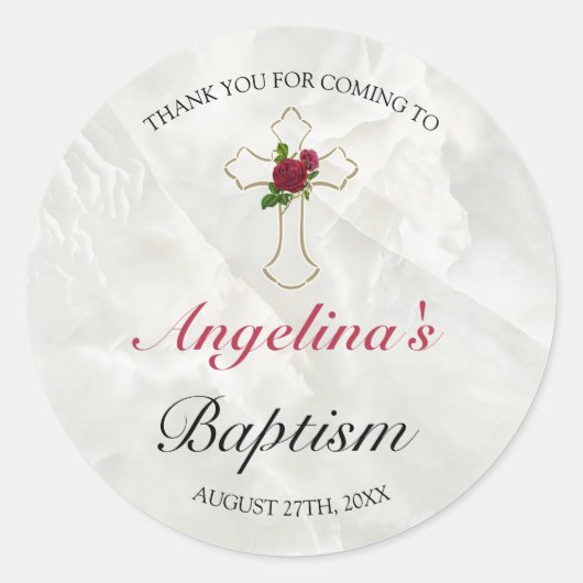 Elegant Gold Cross Marble Floral Baptisme Hartelij Ronde Sticker (Voorkant)