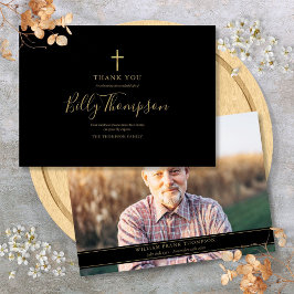 Elegant Gold Cross Memorial Funeral Simple Photo Bedankkaart