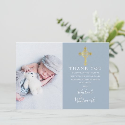 Elegant Gold Cross Photo Signature Script Baptisme Bedankkaart (Staand voorkant)