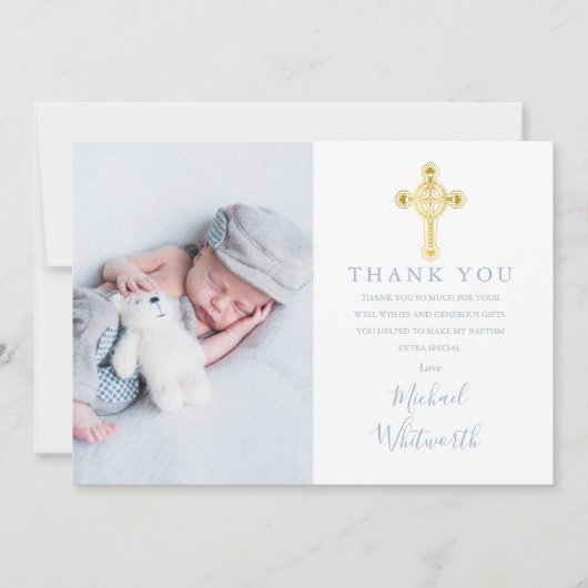 Elegant Gold Cross Photo Signature Script Baptisme Bedankkaart (Voorkant)