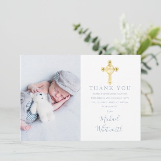 Elegant Gold Cross Photo Signature Script Baptisme Bedankkaart (Staand voorkant)