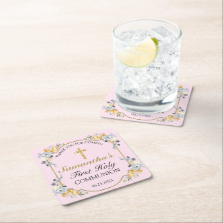 Elegant Gold Cross Pink Floral 1e Heilige Communie Kartonnen Onderzetters