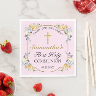 Elegant Gold Cross Pink Floral 1e Heilige Communie Servet