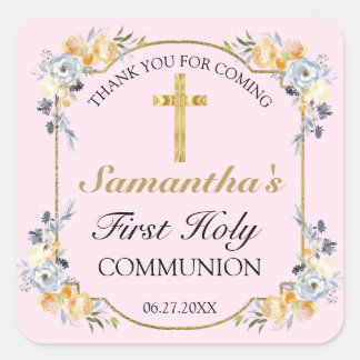 Elegant Gold Cross Pink Floral 1e Heilige Communie Vierkante Sticker