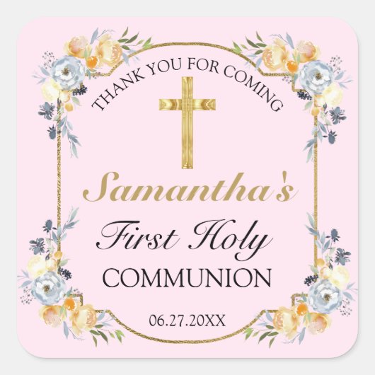 Elegant Gold Cross Pink Floral 1e Heilige Communie Vierkante Sticker (Voorkant)