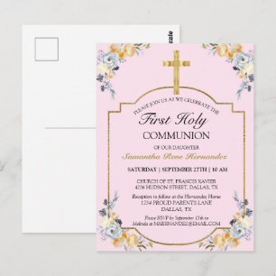 Elegant Gold Cross PInk Floral 1st Heilige Communi Briefkaart