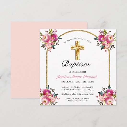 Elegant Gold Cross PInk Floral Baptism Uitnodiging (Voorkant / Achterkant)