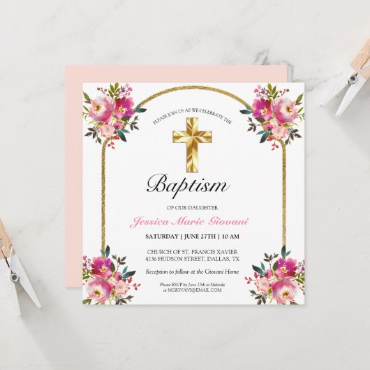 Elegant Gold Cross PInk Floral Baptism Uitnodiging (Voorkant / Achterkant in situ)