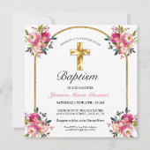 Elegant Gold Cross PInk Floral Baptism Uitnodiging (Voorkant)