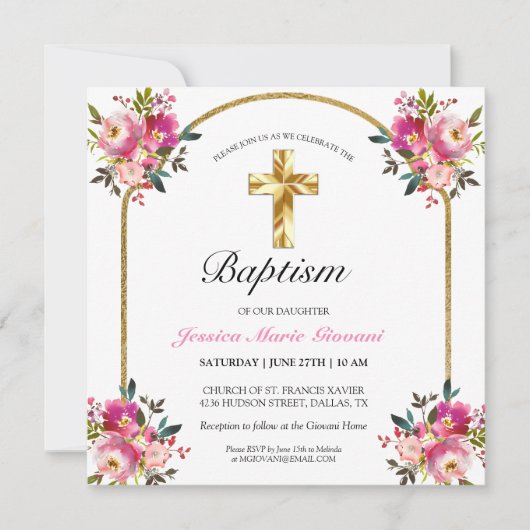 Elegant Gold Cross PInk Floral Baptism Uitnodiging (Voorkant)
