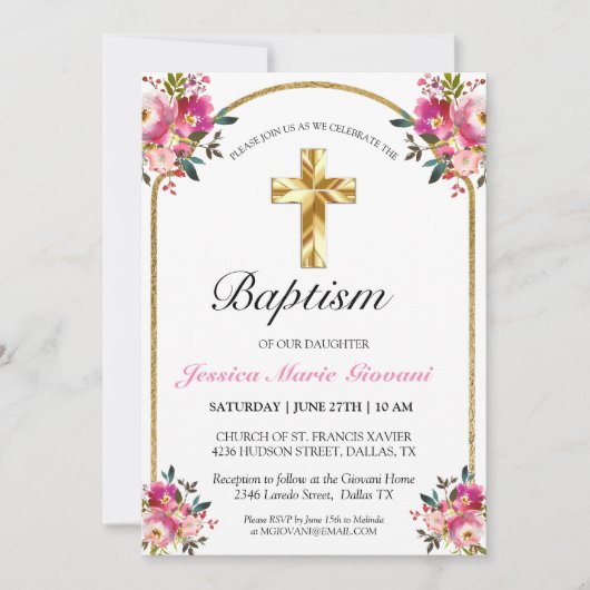 Elegant Gold Cross roze Floral Girl Baptisme Kaart (Voorkant)