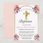 Elegant Gold Cross roze Floral Girl Baptisme Kaart (Voorkant / Achterkant)