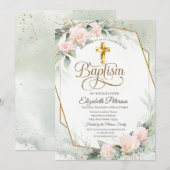 Elegant Gold Cross roze Roses Baptisme Kaart (Voorkant / Achterkant)