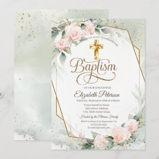 Elegant Gold Cross roze Roses Baptisme Kaart (Voorkant / Achterkant)