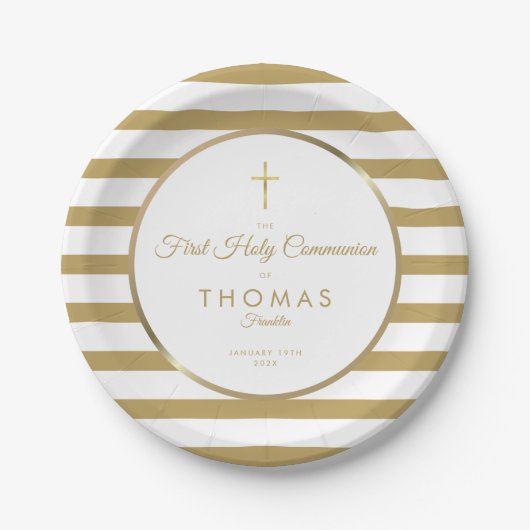 Elegant Gold Cross Stripe First Heilige Communie Papieren Bordje (Voorkant)