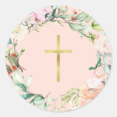 Elegant Gold Cross Woodland Roos Garland Floral Ronde Sticker (Voorkant)