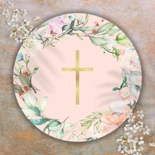 Elegant Gold Cross Woodland Roos Garland Floral Ronde Sticker