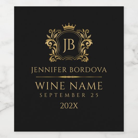 Elegant Gold Crown Frame On Custom Black Wijn Etiket (Enkel label)