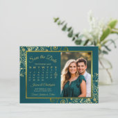 Elegant Gold Curls Teal Calendar & Photo Wedding Save The Date (Staand voorkant)