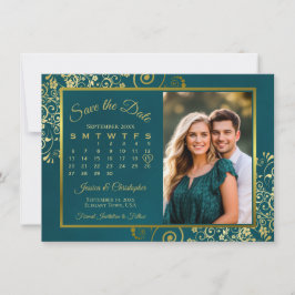 Elegant Gold Curls Teal Calendar & Photo Wedding Save The Date