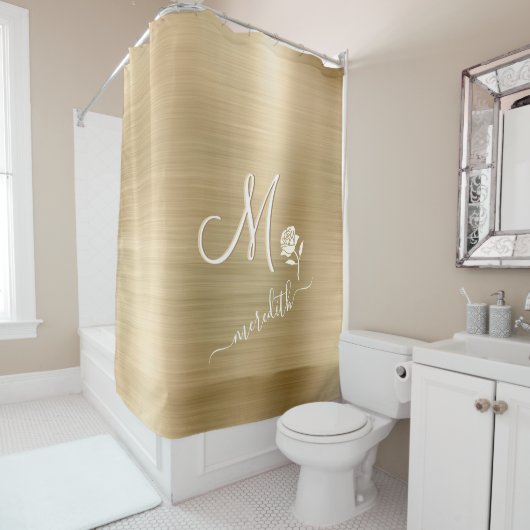 Elegant Gold Custom Monogram Name Flower Douchegordijn (In situ)