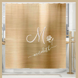 Elegant Gold Custom Monogram Name Flower Douchegordijn