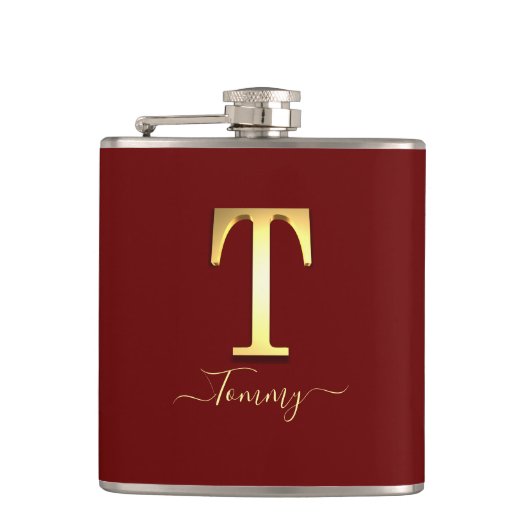 Elegant Gold Custom Monogram T Name Flask Heupfles (Voorkant)