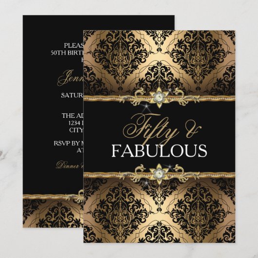 Elegant Gold Damask 50 en Fabulous Invite Kaart (Voorkant / Achterkant)